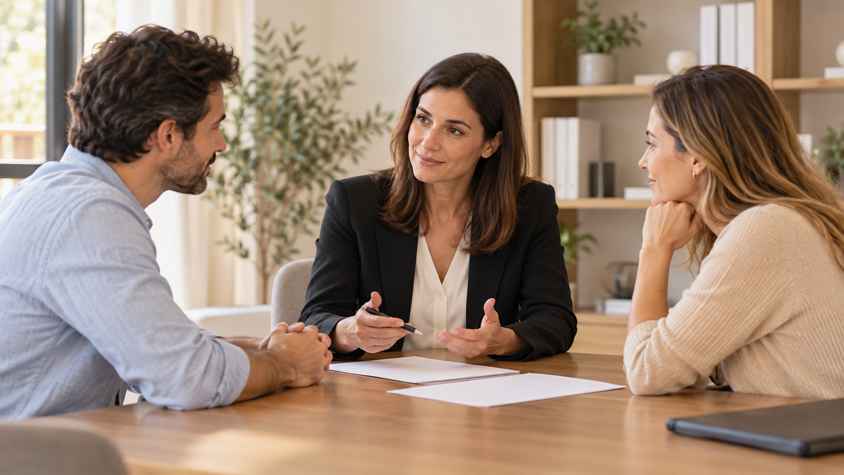 Abogados divorcio separaciones en San Fernando Pareja reunida con una profesional para hablar sobre su separación en una consulta.