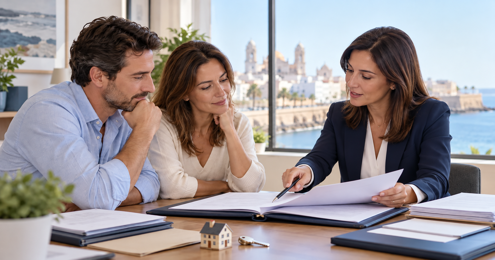 abogados de herencias en San Fernando Dos familiares revisan documentación sobre una herencia con una profesional.